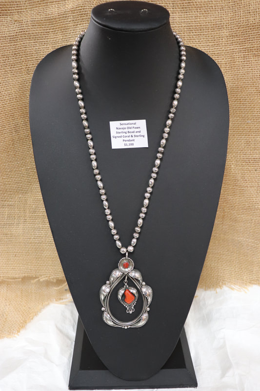 Navajo sterling bead necklace and sterling and coral pendent for sale