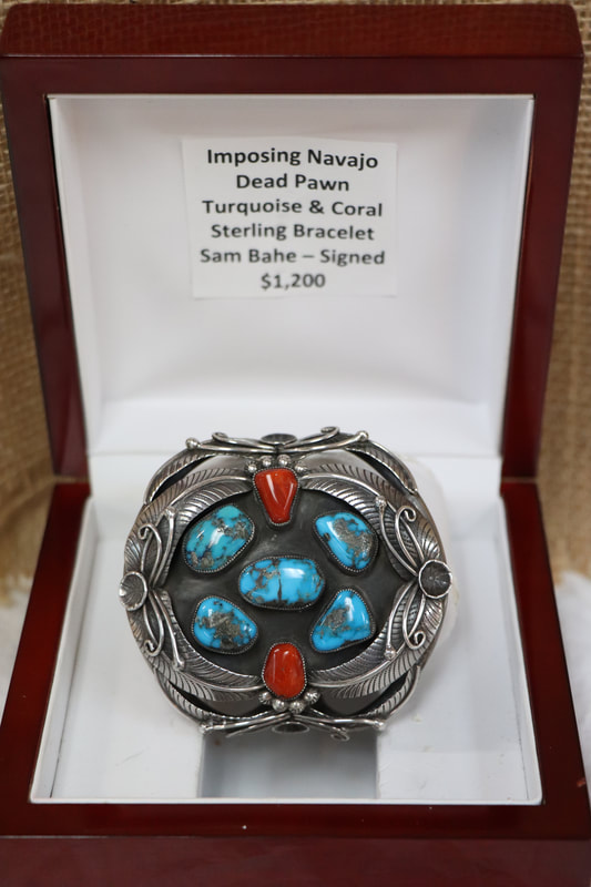 Navajo Dead Pawn Turquoise & Coral Sterling Bracelet: $1200