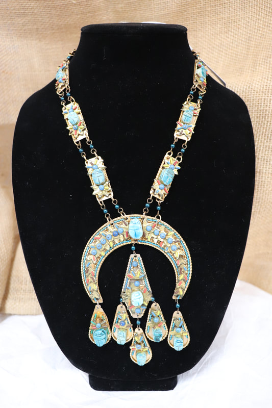 Gorgeous statement necklace, gold with blue stone scarabs, victorian egyptian revival necklace